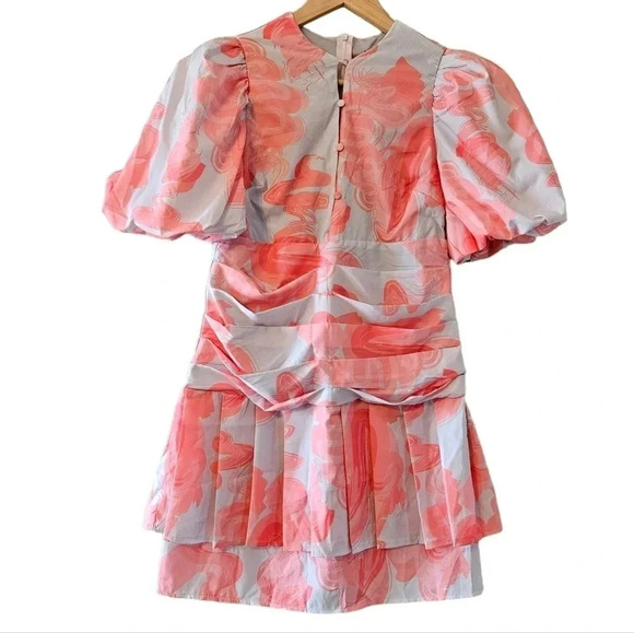 PrettyLittleThing Pink Swirl Print Pleated Waist Puff Sleeve Skater Mini Dress S - Picture 2 of 16